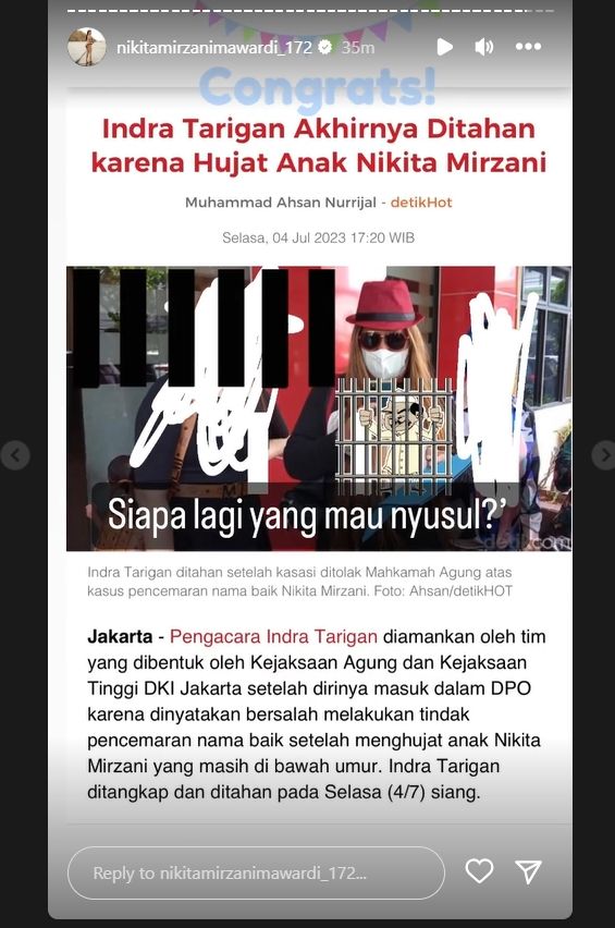 Nikita Mirzani senang Indra Tarigan ditahan (Instagram)